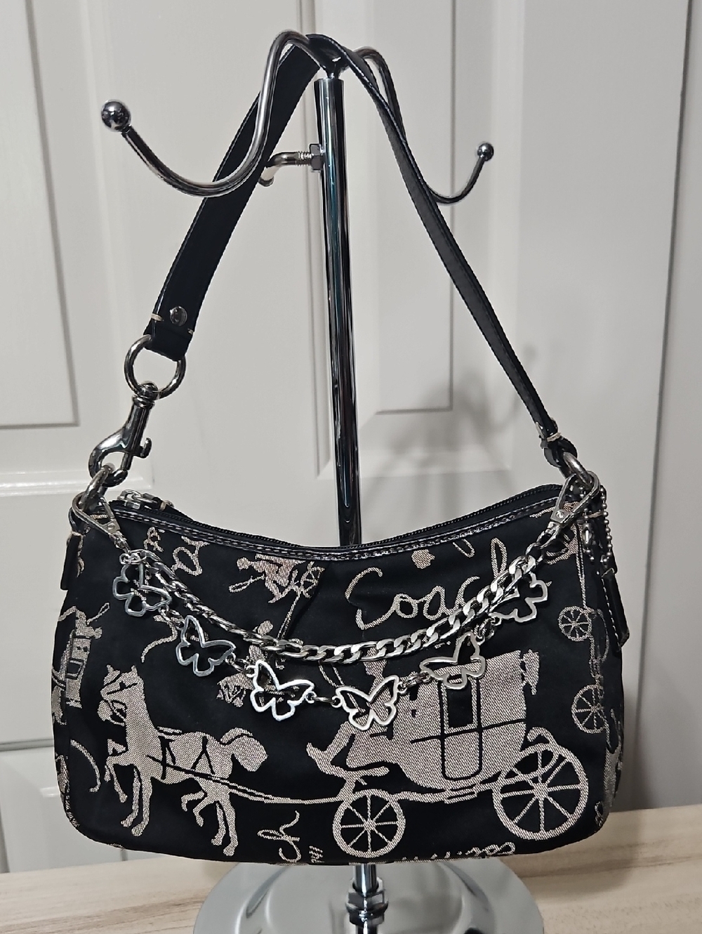 Coach EUC Carriage Mini Black Shoulder Bag with Silver Butterfly Chain